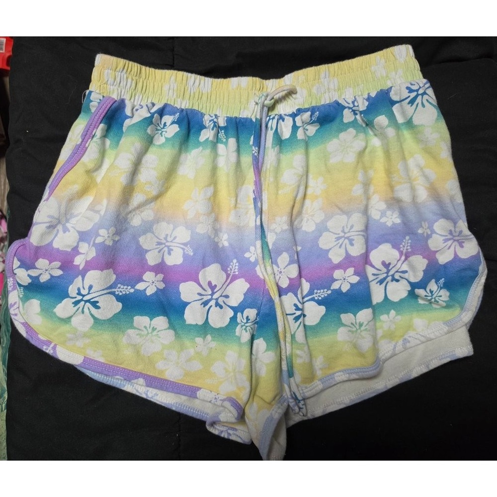 Forever 21 Womens Floral Gradient Shorts Rainbow Hibiscus Elastic Waist Small